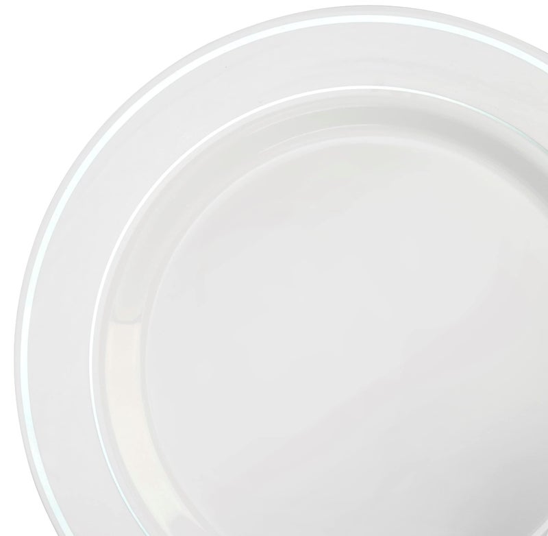 OCCASIONS FINEST PLASTIC TABLEWARE OCCASIONS 50 Plates Pack (25 Guests)-Heavyweight Wedding Party Disposable Plastic Plate Set -25 x 10.5'' Dinner + 25 x 7.5'' Salad/Dessert plates (White & Silver Rim) - Image 4